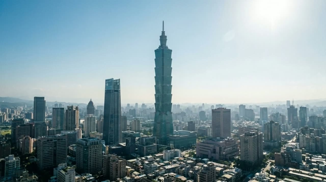 台北 101 空拍畫面，鏡頭正逼近一扇高樓玻璃窗