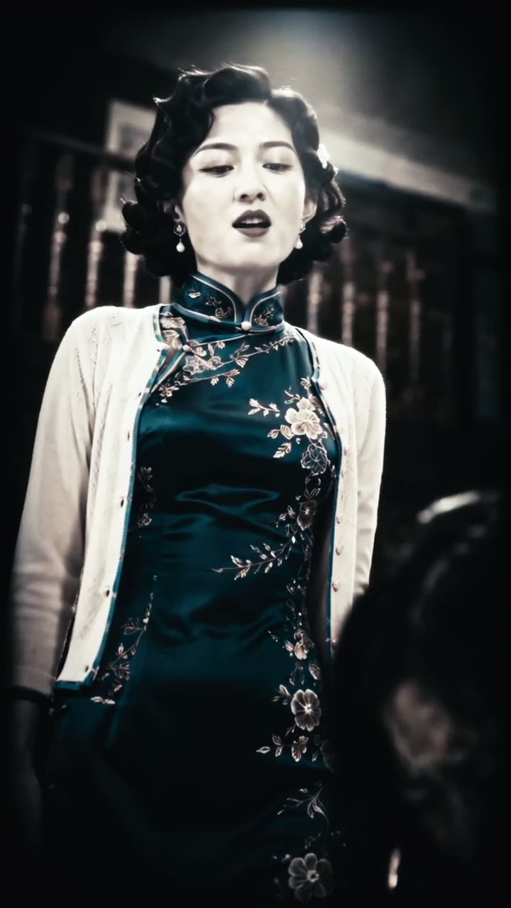 穿旗袍的女子站在昏暗室內，1930 年代造型